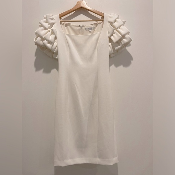 Badgley Mischka Cream Midi Dress Puff Origami Sleeves Square Neck size 8 NWOT - Picture 1 of 11